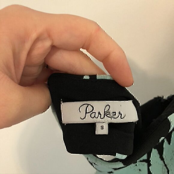 PARKER Leona Dress Aqua Blue Black Jacquard Textured Floral Halter Cutout Back S - Picture 4 of 12